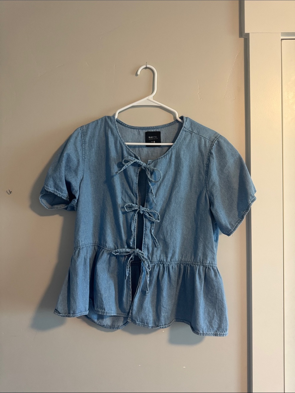 Light Denim Tie-Front Peplum Top - Blue